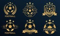 Soccer logo set with a ball. Football club or team emblem, badge, icon design. Sport tournament, league, championship gold labels Royalty Free Stock Photo